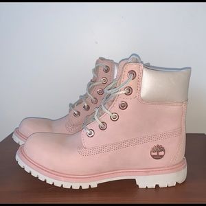 Light pink timberlands with iridescent accents